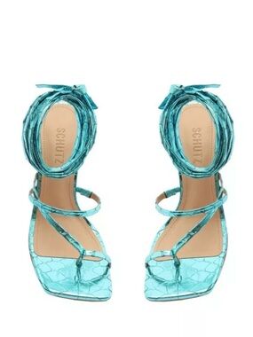 SCHUTZ Metallic Teal Wrap-Ankle Strappy Sandals